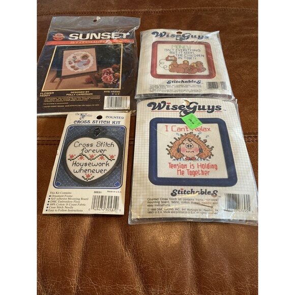 Lot 4 VTG Cross Stitch Kits NIP Wise Guys Sunset And New Berlin Co Made In USA - Picture 1 of 6